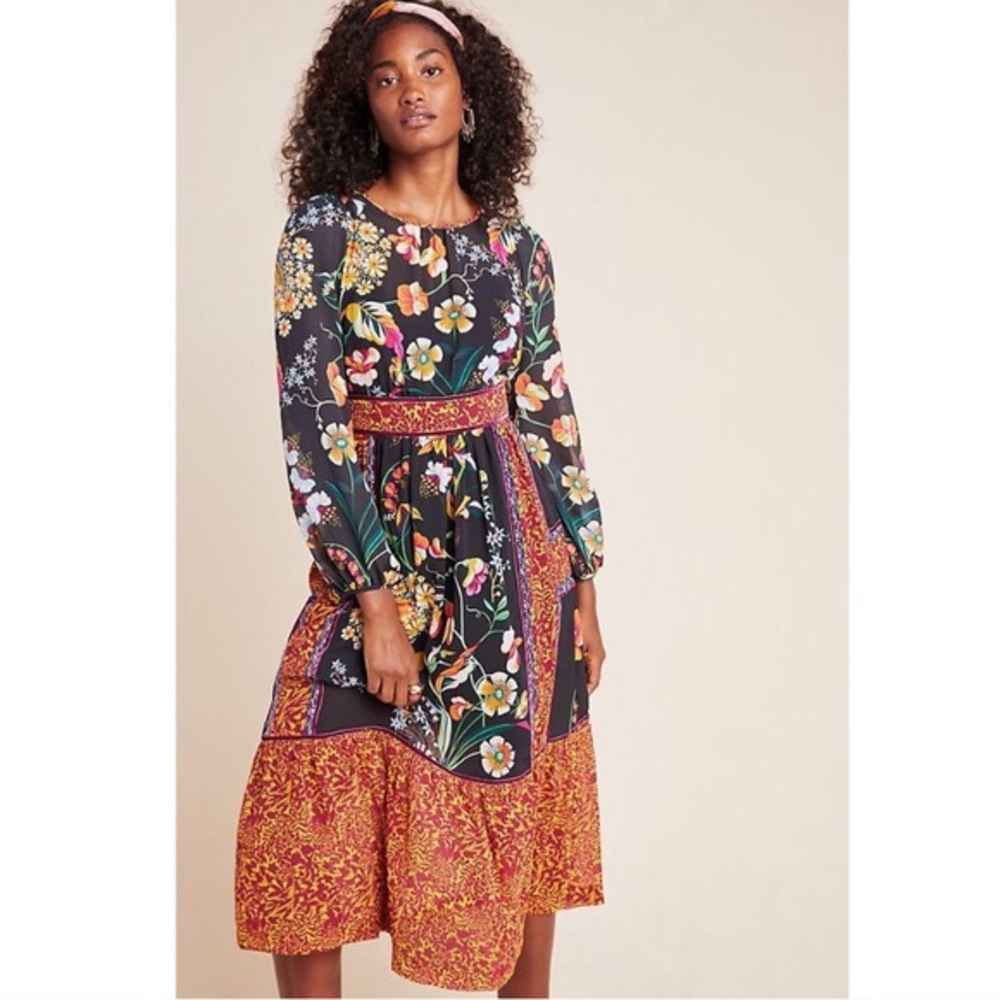 Anthropologie Adair Velvet-Trimmed Midi Dress sz 6